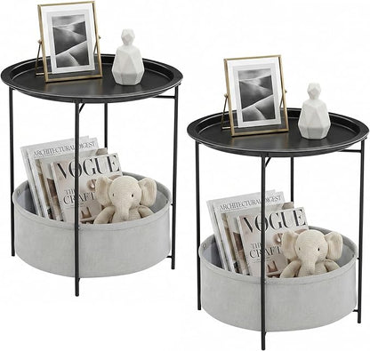 VECELO Round Side/End Table with Fabric Storage Basket，Metal Anti-Rust and Waterproof Small Bedside Nightstand with Removable Tray Top for Living Room，Balcony & Laundry，Black /2pcs with Basket