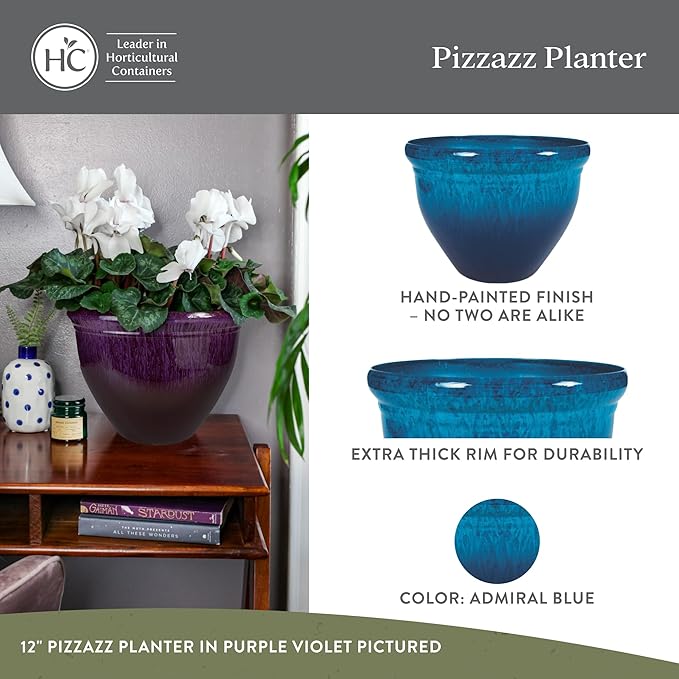 The HC Companies 9 Inch Pizzazz Round Planter Pots with Ceramic Look, Lightweight UV-Resistant Plastic Indoor & Outdoor Planters, 2-Pack Flower Pots for Garden & Home Decor, Admiral Blue