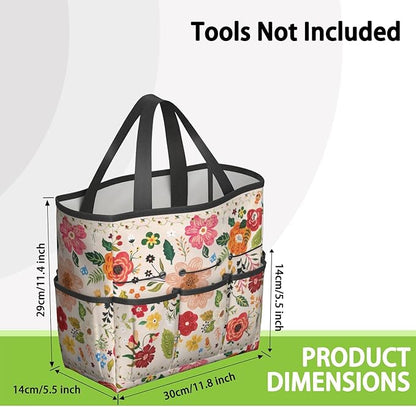 Boho Garden Tool Bag - Waterproof Floral Garden Tote with 8 Pockets, Large Storage Home Organizer Gardening Tool Oxford Bag for Garden Tools Kits Holder, Ideal Outdoor Gardening Gift for Women & Men
