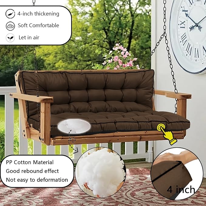Porch Swing Cushion Three Seat, Waterproof Swing Cushions Replacement with Backrest, Outdoor Garden Furniture Patio 4" Thickened Cushions with Ties (Coffee, 40 x 63in)