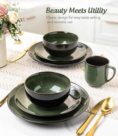 LERATIO Ceramic Dinnerware Sets for 4,16-Piece Reactive Glaze Plates and Bowls Set with Mugs,Highly Chip and Crack Resistant | Dishwasher,Microwave & Oven Safe Dishes set-Green