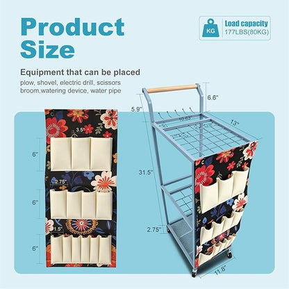 Garden Tool Organizer with Wheels Heavy Duty Yard Tool Organizer Rack with Side Storage Pockets Sturdy Metal Steel Holder with 6 Hooks for Garage, Yard, Patio, Shed