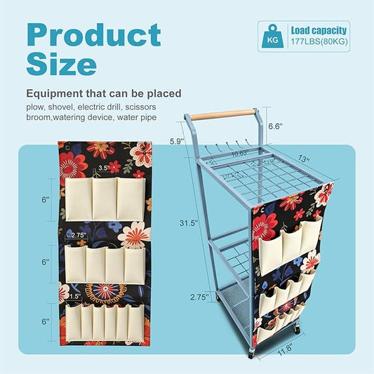 Garden Tool Organizer with Wheels Heavy Duty Yard Tool Organizer Rack with Side Storage Pockets Sturdy Metal Steel Holder with 6 Hooks for Garage, Yard, Patio, Shed