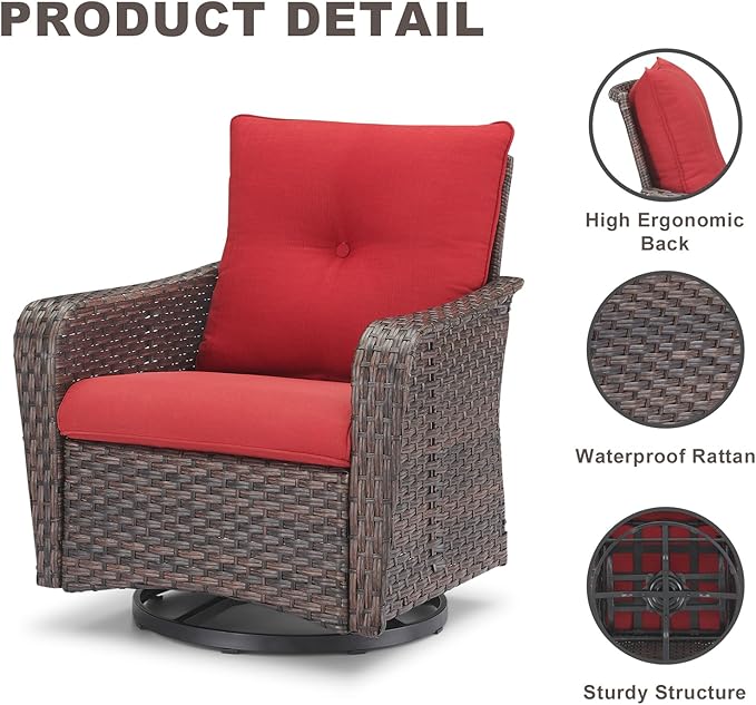 Rilyson Outdoor Patio Swivel Rocker Chairs - 2 PC Wicker Rattan Patio Rocker Glider Chair Set with High Back,Comfy Cushions and Deep Seating for Porch Deck Backyard Garden(Brown/Red)