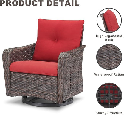 Rilyson Outdoor Patio Swivel Rocker Chairs - 4 PC Wicker Rattan Patio Rocking Glider Chair Set with High Back,Comfy Cushions and Deep Seating for Porch Deck Backyard Garden(Brown/Red)