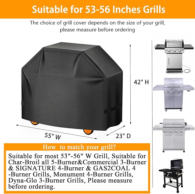 Grill Cover 55inch 600D 4.2LB Heavy Duty BBQ Gas Grill Cover for Outdoor Outside, Waterproof, Anti-UV Material for Char-Broil, Monument, Dyna-Glo (SKZ)