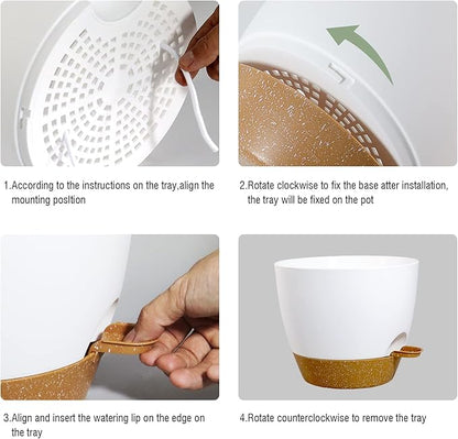 UOUZ Large Self Watering Pots, 12/10/9 Plastic Planters with High Drainage Holes and Deep Reservoir for Indoor Outdoor Garden Plants and Flowers, White with Brown