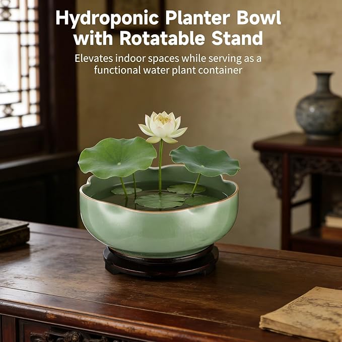Ceramic Lotus Bowl Planter with Wood Tray, 7.8 in Green Water Lily Planter Pot, Hole Free Hydroponic Bowl, Ice Crack Glaze Flower Bowl for Lotus, Aquatic Plants, Bonsai, Desk Decor