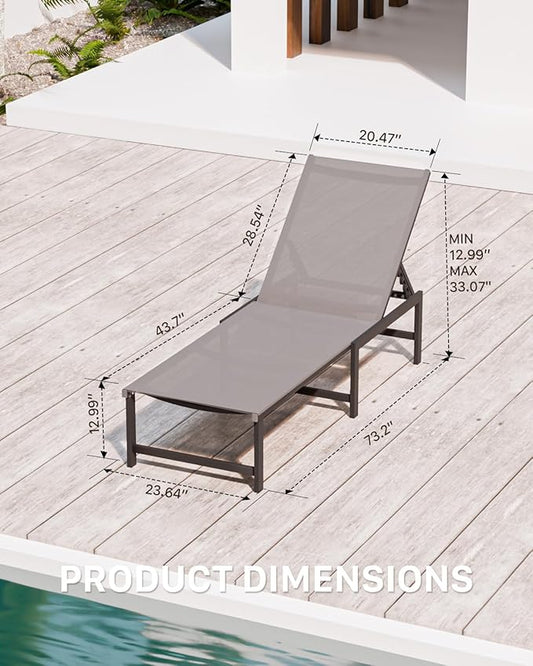 Chaise Lounge Chair Outdoor, Aluminum Patio Chairs with 5 Adjustable Backrest and Headrest Pillows for Outside Beach, Gray
