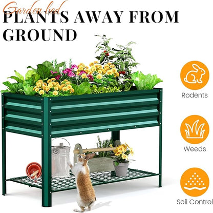 KING BIRD Large Raised Garden Bed with Legs & Storage Shelf Galvanized Elevated Planter Box for Backyard, Patio, Balcony, 400lb Capacity, Green 48×24×31.5 in
