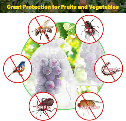 50Pcs Fruit Protection Bags, White Fruit Netting Cover Bags Drawstring Mesh Fruit Protectors Barrier for Apples, Tomatoes, Fruit Trees, Veggies Garden(8x12 Inch)