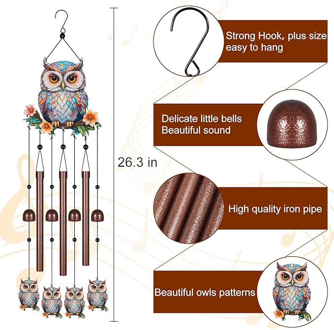 Owl Wind Chimes for Outside,Metal Windchimes with S Hook with Playful Design Wind Chime Garden Decor Outdoor Ideal Memorial/Housewarming/Birthday/Festival Gifts Front Yard Decor