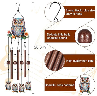 Owl Wind Chimes for Outside,Metal Windchimes with S Hook with Playful Design Wind Chime Garden Decor Outdoor Ideal Memorial/Housewarming/Birthday/Festival Gifts Front Yard Decor