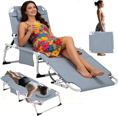 3-in-1 Heavy Duty Tanning Chair with Face Hole Adjustable 5-Position Folding Chaise Lounge Chairs Portable Lay Flat Beach Lounge Chair for Outdoor Sunbathing Patio Pool Lawn Camping Deck (Gray)