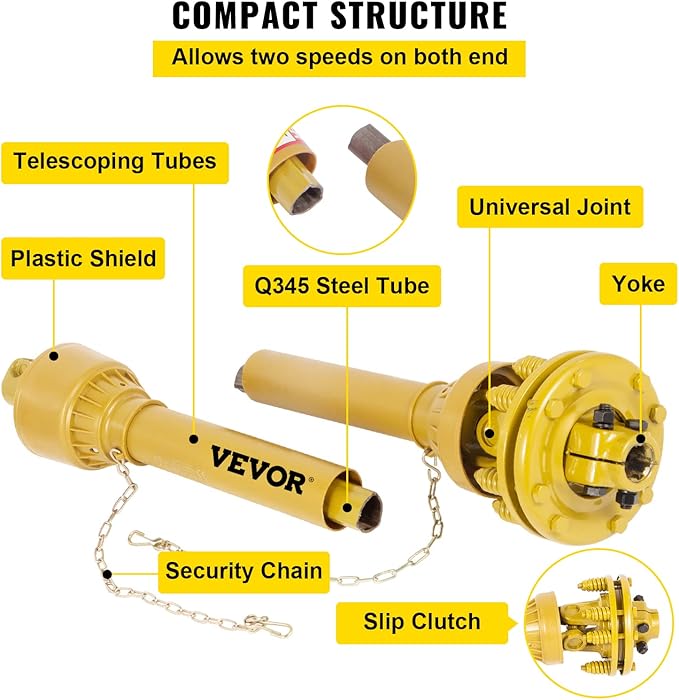 VEVOR PTO Shaft, 1-3/8" PTO Drive Shaft, 6 Spline Both Ends PTO Driveline Shaft, Series 4 Tractor PTO Shaft, 31.5"-41" Brush Hog PTO Shaft, Yellow PTO Shaft w/Slip Clutch for Bush Hog/Finish Mower