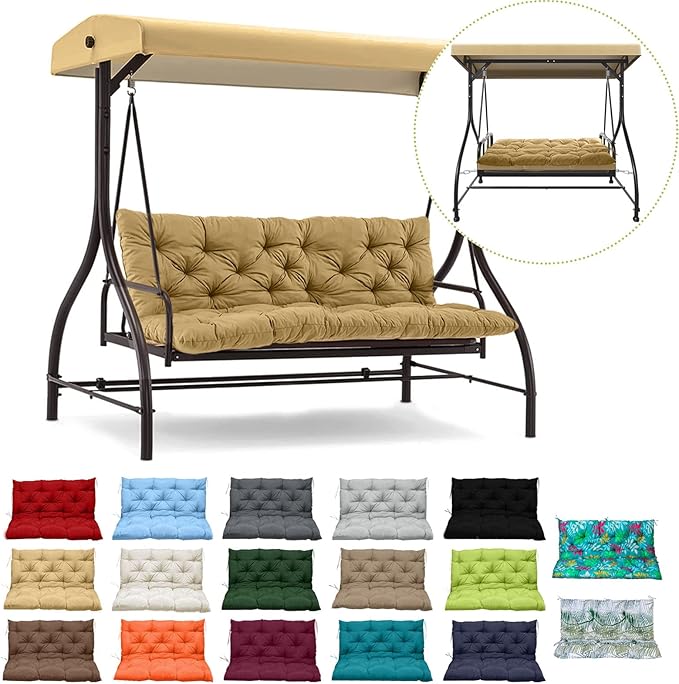 Swing Replacement Cushions with Backrest, 2 or 3 Seater Waterproof Non-Slip Overstuffed Swing Pad, Indoor/Outdoor Bench Cushion for Porch Chair Garden Furniture (Beige, 40 * 71 in)
