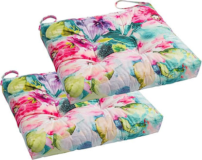 2-Pack Outdoor/Indoor Wicker Patio Seat Cushion Pad with Ties - Dining Chair Cushion, 17" x 17" (Watercolor Flowers)