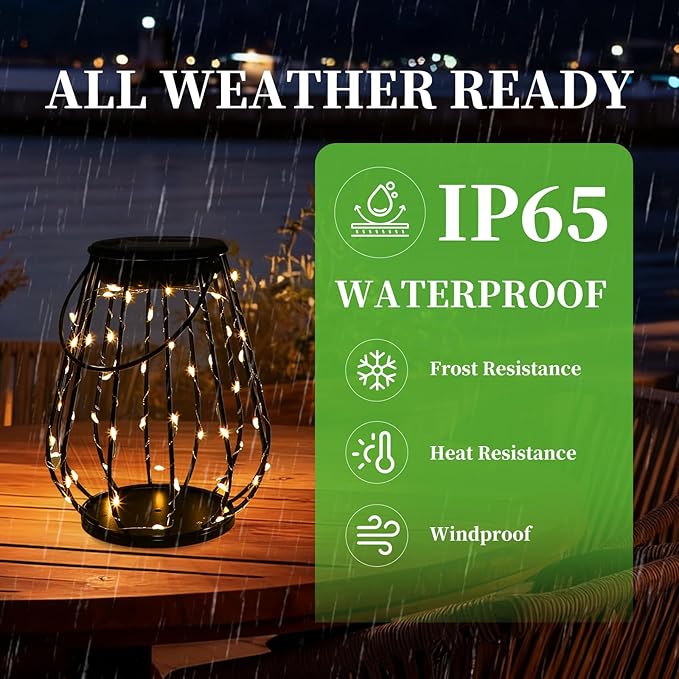 Solar Lanterns Outdoor Hanging, 2 Pack Metal Cage Lanterns with Warm White LED String Lights, Waterproof Solar Powered Decorative Lights for Patio, Garden, Porch, Balcony & Holiday Gifts