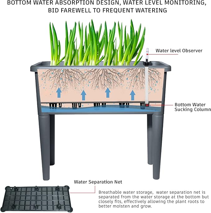 FENCETECH 20.8 Gallon Self Watering Raised Garden Bed with Greenhouse Cover, 30" x 25.6" x 15" Plastic Plant Box with Legs and Drainage Plug, Grey