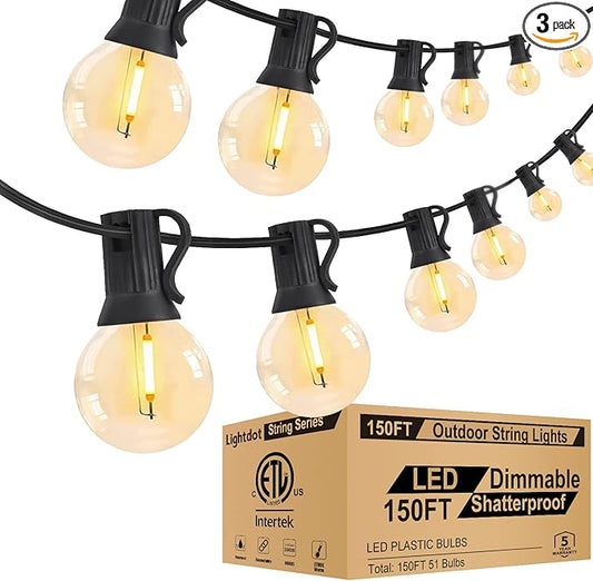 Lightdot 150FT Outdoor String Lights, LED Bistro String Lights with Shatterproof G40 Vintage Bulbs, 2200K Dimmable, Waterproof Hanging Lights for Porch, Deck, Garden, Backyard, Balcony - ETL Listed