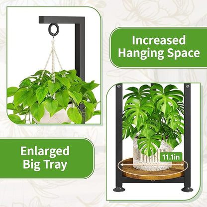 KMOTASUO Black 4 Tier Plant Stand Indoor with Hanging Ring, Tall Large Heavy Duty Metal and Wood Vertical Rack for Multiple Planter, Sturdy Rustic Corner Flower Shelf Holder Organizer for House Patio