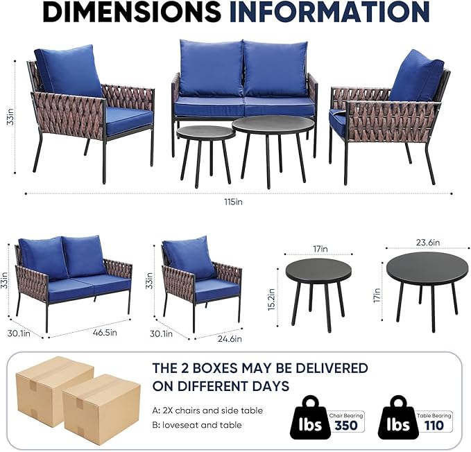 Patio Furniture Set, 5-Piece Wider Outdoor Metal Seating Sofa with High Back & Lovsest, Coffee Ta ble, All Weather Rattan Conversation for Garden,Backyard, Poolside-Navy