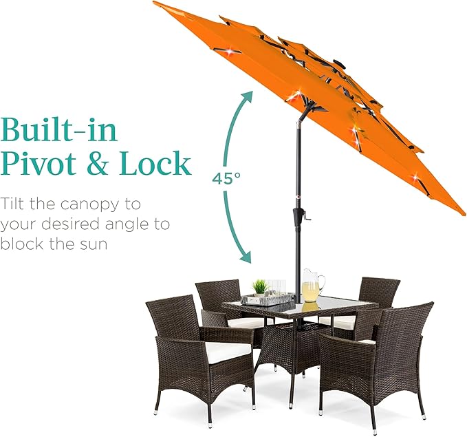 Best Choice Products 10ft 3-Tier Solar Patio Umbrella, Outdoor Market Sun Shade for Backyard, Deck, Poolside w/ 24 LED Lights, Tilt Adjustment, Easy Crank, 8 Ribs - Orange