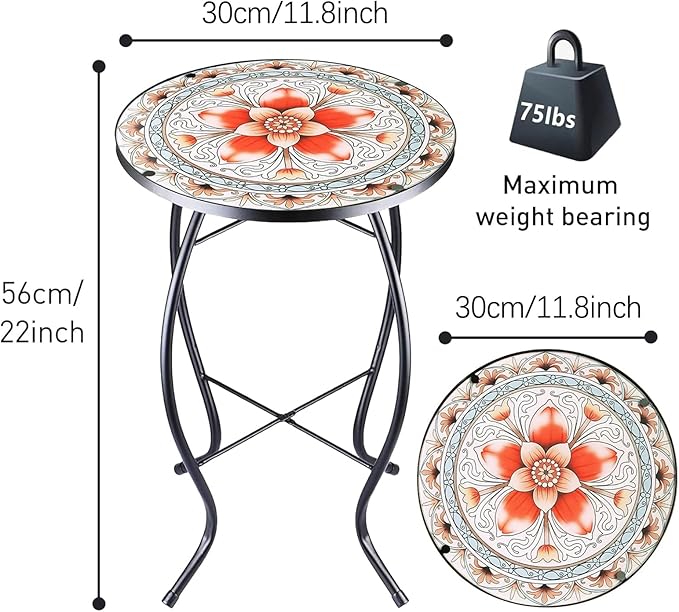 Arbuxzuy 12 Inch Small Outdoor Side Table with Pink Flower, Glass Mosaic Patio Table Indoor, Round Plant Coffee Table for Living Room, Balcony, Garden