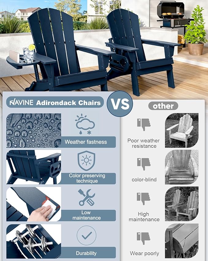 Adirondack Chair Set of 4, HDPE Folding Adirondack Chair with Multifunctional Cup Holder, Weather Resistant Fire Pit Chair for porches, patios, poolsides, Decks.