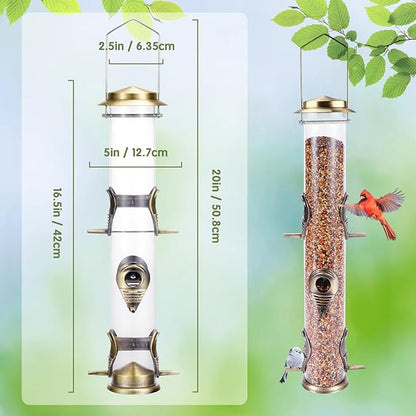 Metal Bird Feeder Tube Hanging Wild Bird Seed Feeder Aluminum Six Port Bird Feeders,1.4 mm Extra Thick Solid Tube Transparent with Steel Hanger Great for Attracting Birds (Bronze 2PK)