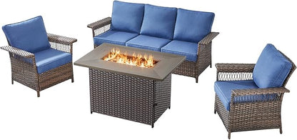 Patio Furniture Set with Fire Pit Table, 4PCS Conversation Set Brown Resin Wicker Chair and Sofa with 41in Rectangular Firepit Table PE Rattan Furniture Set