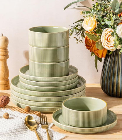 TheTerra Ceramic Dinnerware Sets for 4, 12 Pieces Porcelain Lightweight Plates and Bowls Sets, Scratch Resistant Dish Set, Oven & Microwave & Dishwasher Safe, Duck Egg Green