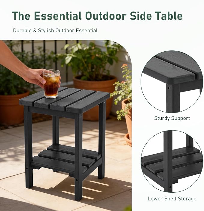 Furnimart Adirondack 2-Layer Square Outdoor Side Table, Extra-Thick HDPE Weather-Resistant Small Patio Table, Black Outdoor End Table for Garden Balcony Yard Deck Poolside(Black)