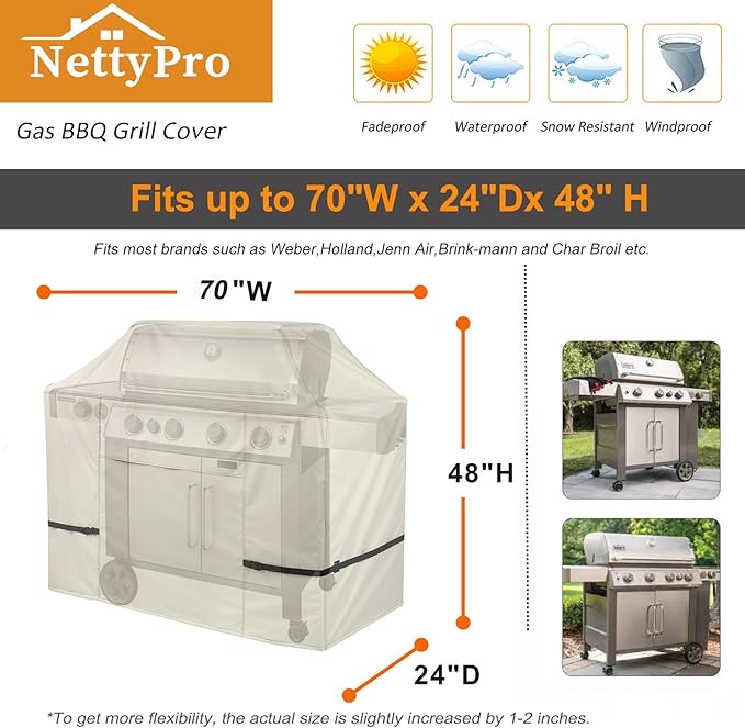 NettyPro Outdoor BBQ Grill Cover 68 Inch 600D Heavy Duty Waterproof Patio Barbecue Cover for Weber, Char-Broil, Brinkmann, Nexgrill Grills and More, Light Tan