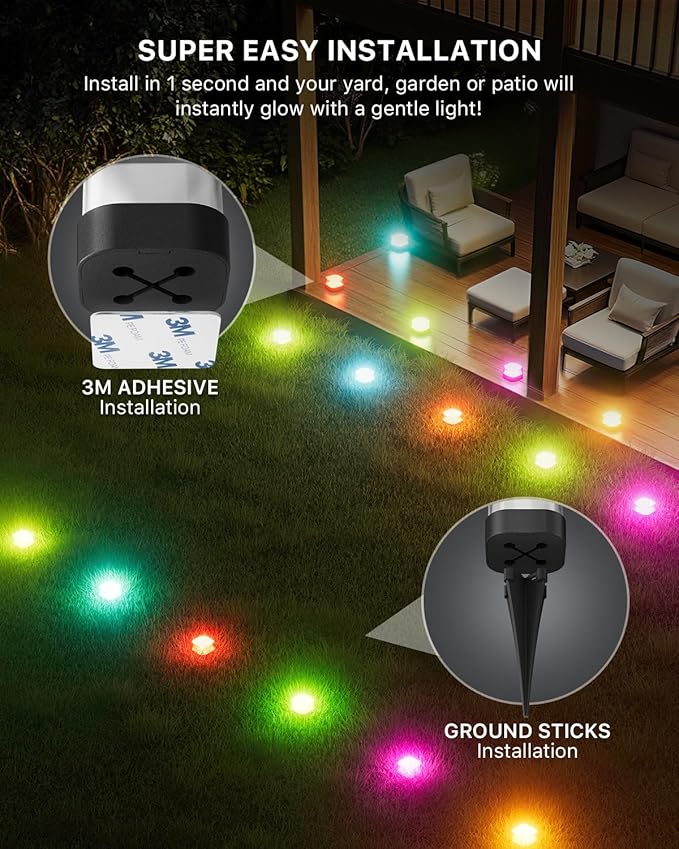REYLAX 50FT Outdoor Ground Lights 15 Pack, RGB Garden Lights with Warm White and Cool White, IP67 Waterproof Pathway Light, Music Sync Timing, App & Remote Control, Works with Alexa Google Assistant