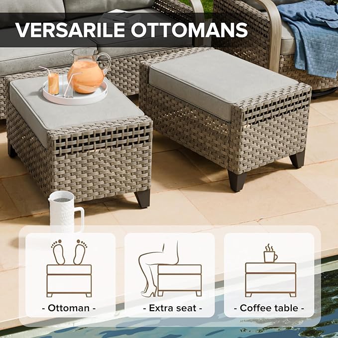 COOS BAY Modern Wicker Outdoor Furniture Set, Patio Conversation Set with 4 Swivel Rockers, 3 Seat Couch, Ottomans, Coffee Table and Side Table, 9 Piece, Brown/Gray