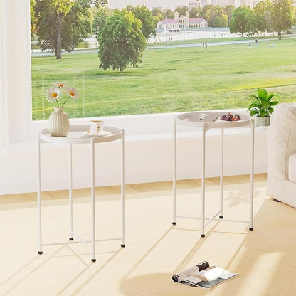 Garden 4 you Small Side Table, White Mini Round End Table, Tray Table with Metal Frame, Modern Nightstand for Living Room, Bedroom, Patio, Small Space, 2pcs