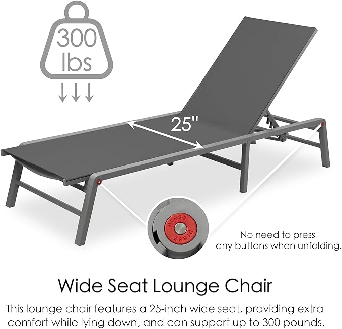 Kozyard 3 Packs Lounge Chair Outdoor Set, Foldable Outdoor Lounge Chair with 5 Adjustable Backrest Patio Lounger, Recliner and Full Flat Chairs for Patio, Beach, Pool (2 Gray Textilence W/Table)