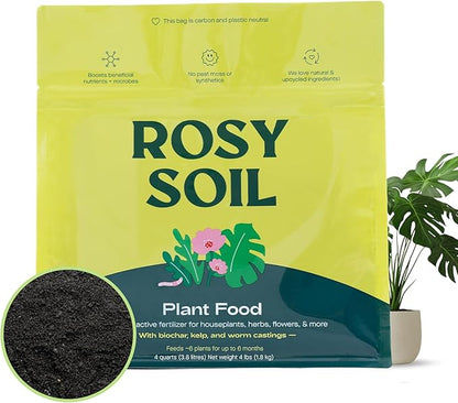 Rosy Soil Plant Food – Microbially Active Fertilizer for Houseplants, Herbs & Flowers – Biochar, Kelp, Worm Castings – Organic Indoor Plant Food – 4 Quarts