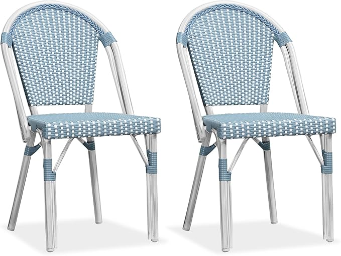 PURPLE LEAF Dining Chair Set of 2 Outdoor French Bistro Chairs Hand-Woven Aluminum Wicker Rattan Chairs for Garden Kitchen Backyard Porch White Print Finish Patio Chairs Light Blue