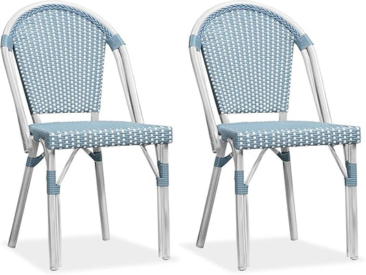 PURPLE LEAF Dining Chair Set of 2 Outdoor French Bistro Chairs Hand-Woven Aluminum Wicker Rattan Chairs for Garden Kitchen Backyard Porch White Print Finish Patio Chairs Light Blue