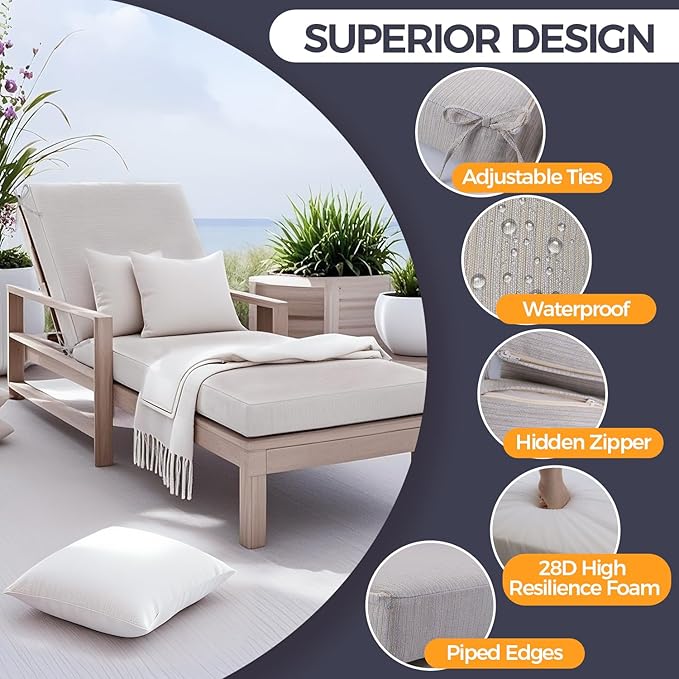 Outdoor Chaise Lounge Cushion- Waterproof & Fade Resistant Patio Lounger Cushions with Removable Cover for Pool, Deck, Lawn .70 x 22 x 4 Inch (Beige)