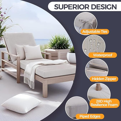 Outdoor Chaise Lounge Cushion- Waterproof & Fade Resistant Patio Lounger Cushions with Removable Cover for Pool, Deck, Lawn .70 x 22 x 4 Inch (Beige)