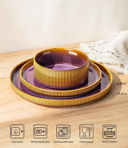 TheTerra Ceramic Dinnerware Sets for 6, 18 Pieces Porcelain Lightweight Plates and Bowls Sets, Scratch Resistant Dish Set, Oven & Microwave & Dishwasher Safe, Amber Amethyst