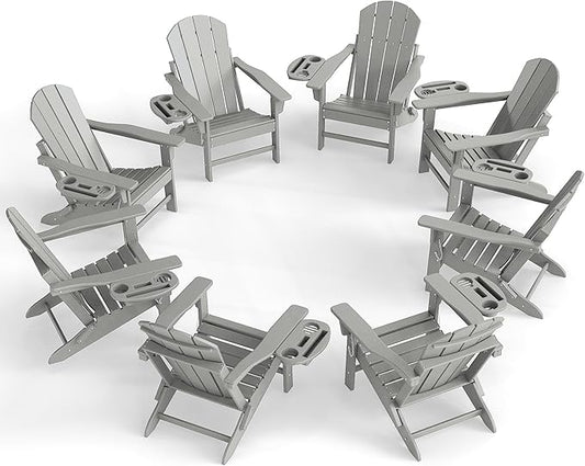 Adirondack Chair Set of 8, HDPE Folding Adirondack Chair with Multifunctional Cup Holder, Weather Resistant Fire Pit Chair for porches, patios, poolsides, Decks.