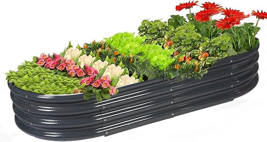 Rakukiri Raised Garden Bed GRS Certified Galvanized Planter Box Outdoor, 6.5ft Oval Rot-Resistant Metal Garden Bed Planter, Recycled Material Planter for Vegetables Flowers Herbs (Grey)
