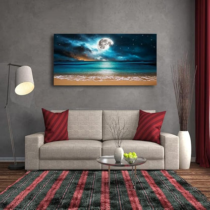 Beach Themed Wall Art Canvas Prints Seascape Picture Bathroom Décor Moon Ocean Landscape Paintings for Bedroom Dining Room Office Home Kitchen Decoration Natural Artwork 24x48 Wooden Frames