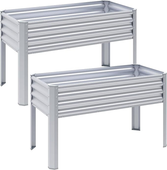 2Pcs Galvanized Raised Garden Bed with Legs, 48×24×32in Large Metal Elevated Raised Planter Box with Drainage Holes for Backyard, Patio, Balcony, 400lb Capacity,Sliver