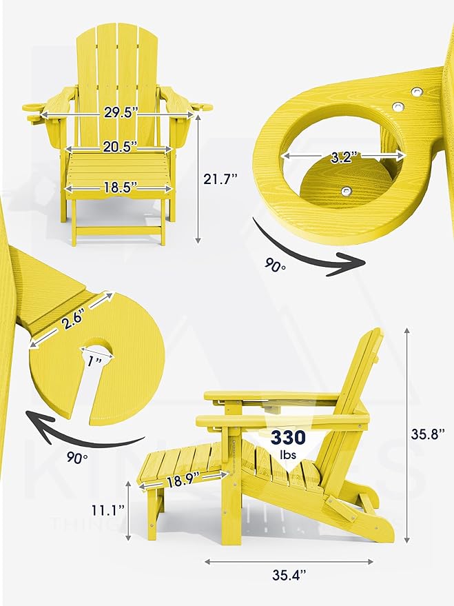 KINGYES Folding Adjustable Adirondack Chair with Ottoman & 2 Cup Holders Set of 4, HDEP Multifunctional Adirondack Chair with Footrest, Yellow