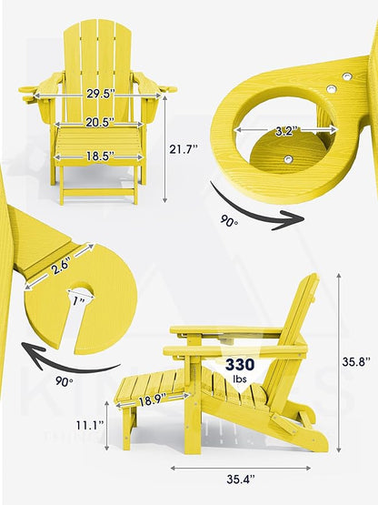 KINGYES Folding Adjustable Adirondack Chair with Ottoman & 2 Cup Holders Set of 4, HDEP Multifunctional Adirondack Chair with Footrest, Yellow